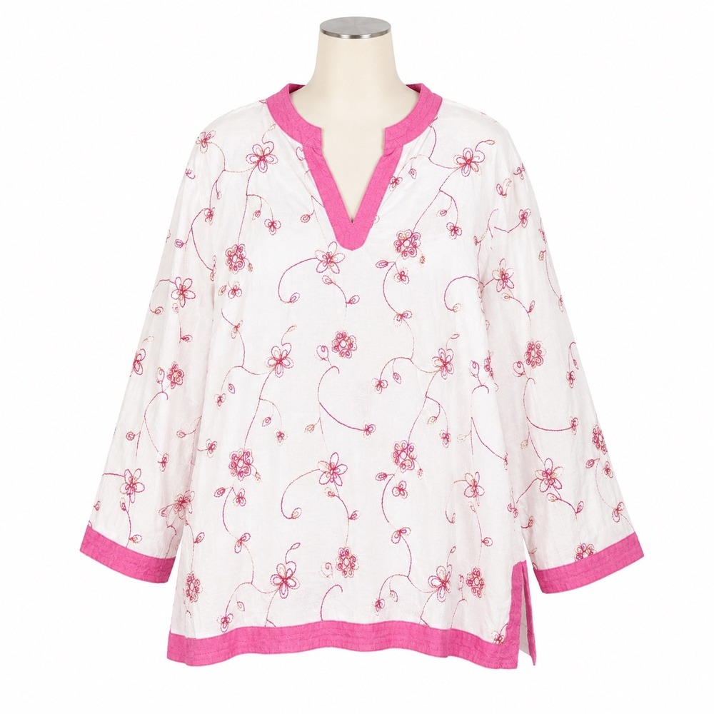 Mandarin Blue Tunic Womens 1X White Pink Floral Embroidered Linen Blend V-Neck